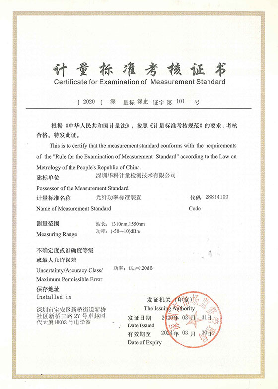 光纖功率標準裝置標準考核證書圖片